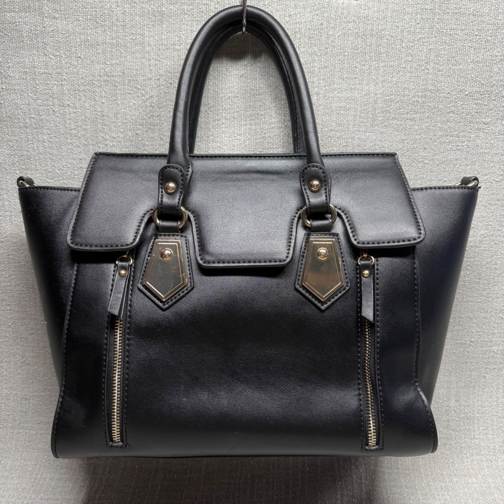 Black Faux Leather Satchel Handbag‎ Large Tote Purse Gold Hardware Edgy Workwear